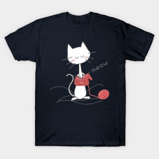 White Knitting Cat - Navy T-Shirt